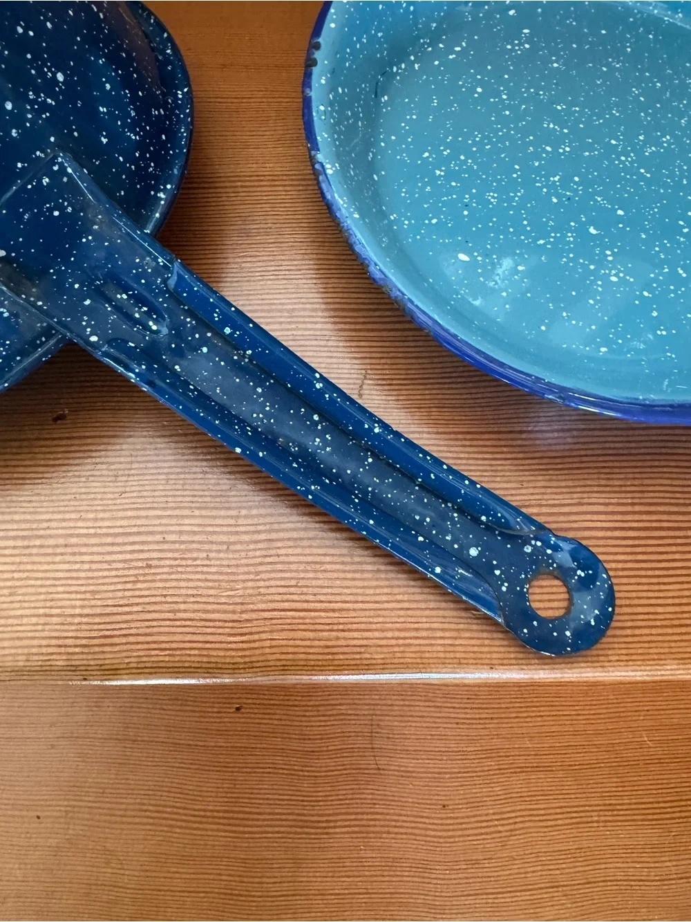 2 Blue Speckled Enamel Saucepans for camping, decor or up-cycle